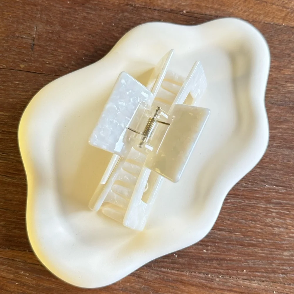White Acetate Rectangle Hair Claw Clip Minimalist Large 4